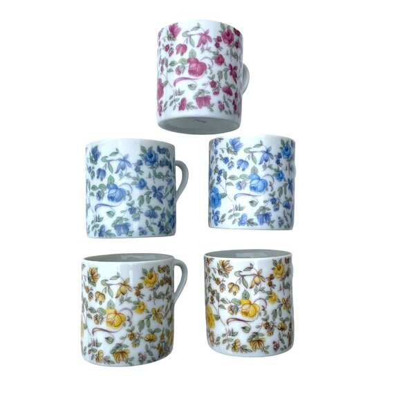 Vintage Japanese Chintz Floral Ceramic Coffee Tea Espresso Mugs Set Of 5 - Picture 2 of 6